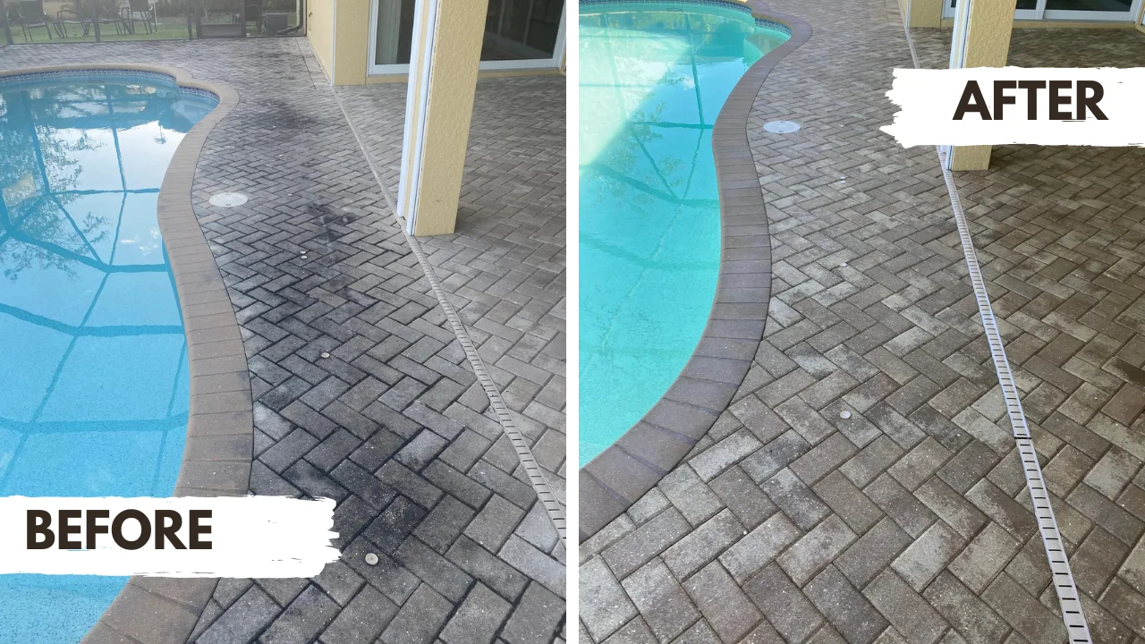 Before and after pool deck restoration by Xtreme Paver Solutions