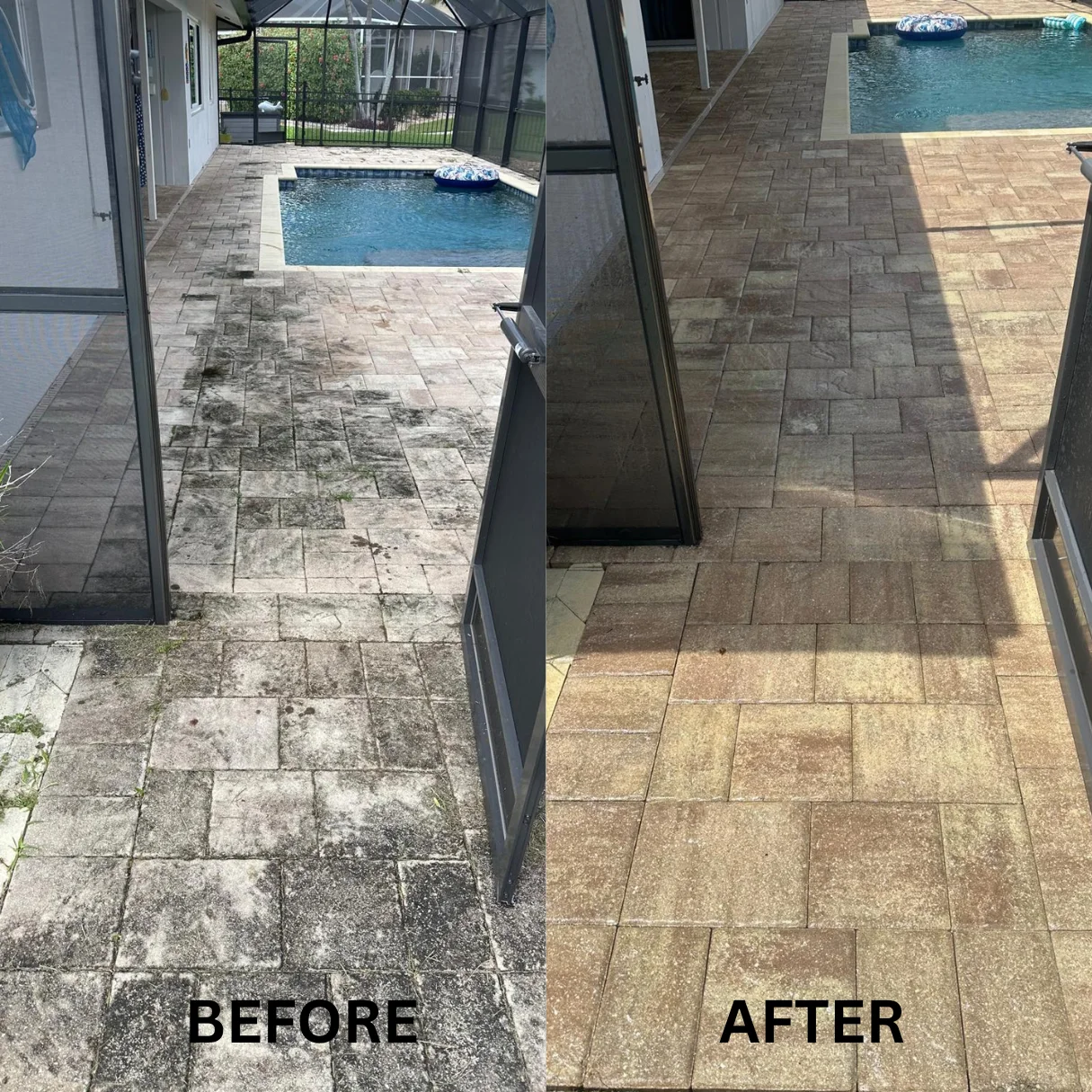 Before and after paver cleaning around a pool